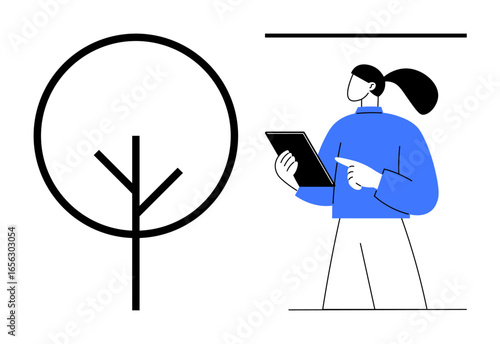 Woman holding and interacting with a tablet while pointing to screen beside minimalist tree outline. Ideal for technology, education, learning, sustainability, eco-friendly themes, connection, simple