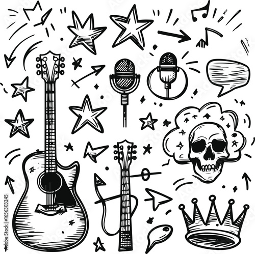 Black and white line art doodle icon set of music star theme, punk rock style. Hand-drawn sketch of guitar, microphone, skull, graffiti star shapes, arrows, crown, and speech bubbles 3