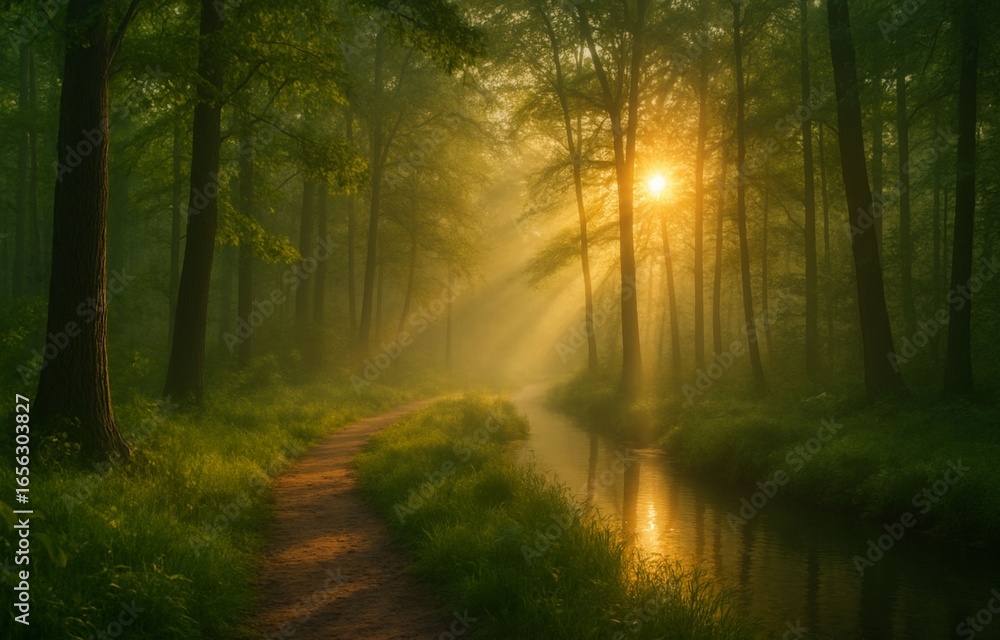 Fototapeta premium Misty Morning Forest Landscape with Sunlight Rays Through Trees