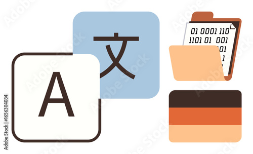 Alphabet and language characters with open code file, file folder, and flag elements portraying multilingual translation and data processing. Ideal for language, translation, globalization