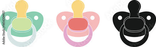 Baby pacifier vector illustration set in different colors