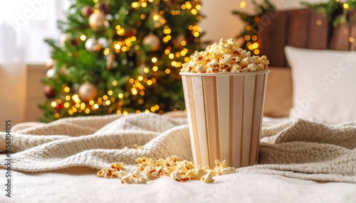 Popcorn in a striped container on a bed near a Christmas tree