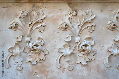 Decorative stucco plaster finish on exterior facade.