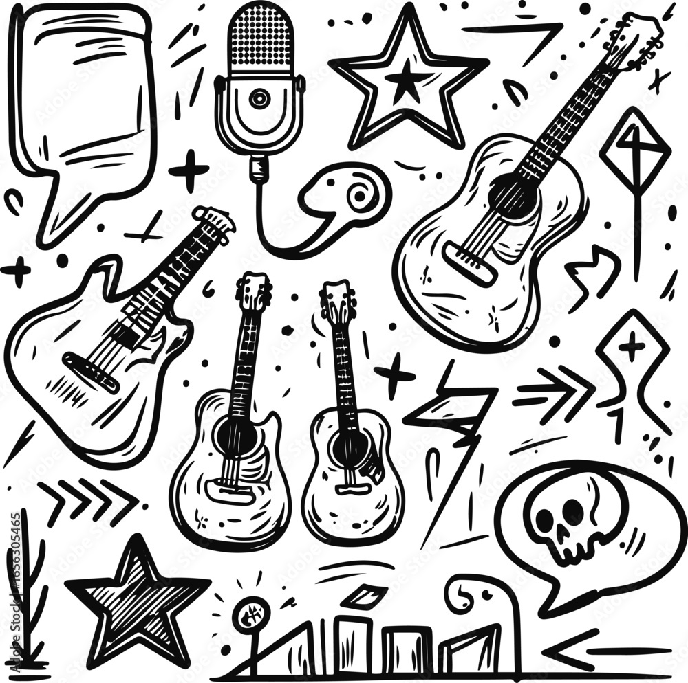 Fototapeta premium Black and white line art doodle icon set of music star theme, punk rock style. Hand-drawn sketch of guitar, microphone, skull, graffiti star shapes, arrows, crown, and speech bubbles 9
