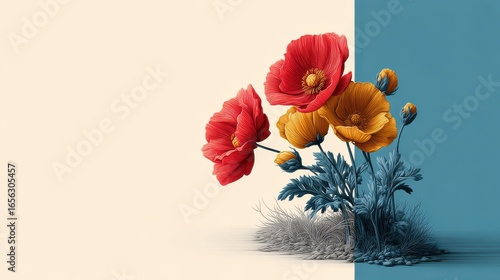 Vibrant Poppy Flowers with Unique Color Contrast on Minimalist Background