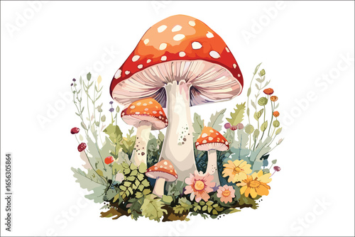 Watercolor Red Mushroom Clipart – Amanita Muscaria Toadstool Illustration