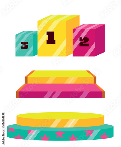 Set of colorful podiums for stars, winners in cartoon style. Vector illustration beautiful pedestals, podiums, steps, cubes with numbers 1, 2, 3 isolated on white background. Award ceremony.