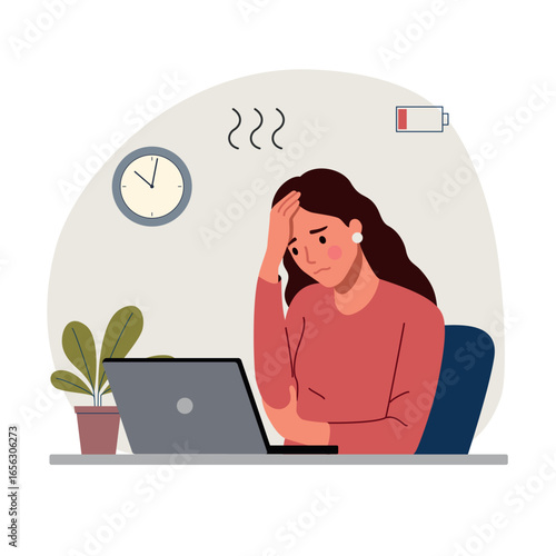 Sad, unhappy woman at workplace looking at laptop. Professional burnout syndrome.  Flat style cartoon vector illustration.
