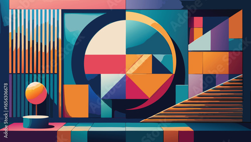 Abstract composition featuring geometric shapes and a sphere on a pedestal in vibrant colors