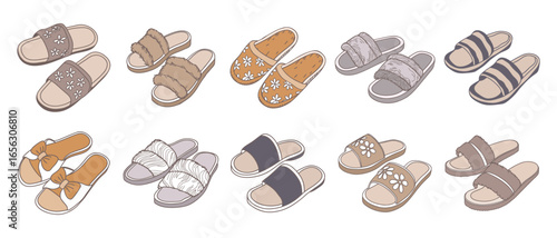 Set of house slippers on a white background. Cozy home slippers. Illustration.