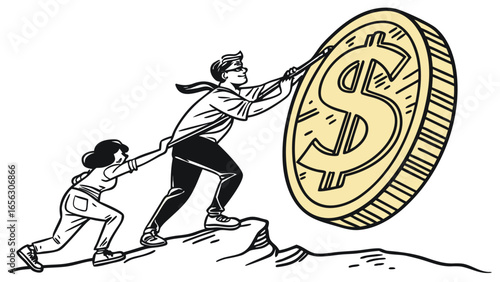 People pushing giant dollar coin concept of finance and teamwork
