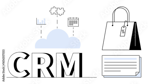 CRM text alongside cloud, chart, puzzle pieces, calendar, shopping bag with discount tag, customer card. Ideal for customer management, business sales marketing analytics retail e-commerce. A