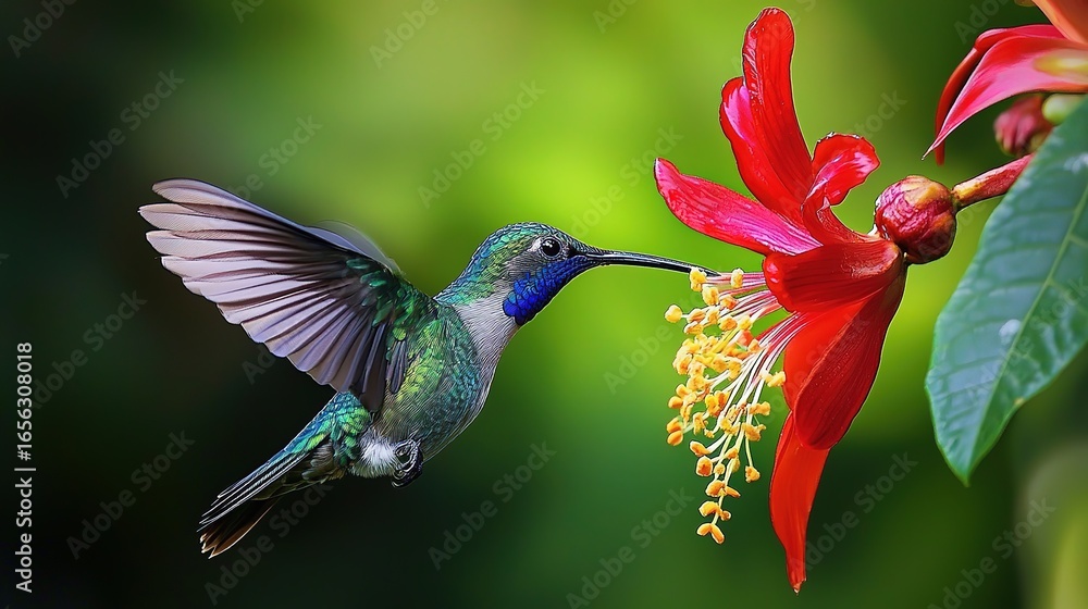 Obraz premium Purple Hummingbird Drinking Nectar from Red Flower in Panama Rainforest: Wildlife Scene