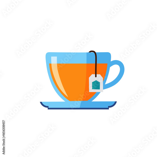 Cup of tea with teabag icon on a saucer flat design illustration