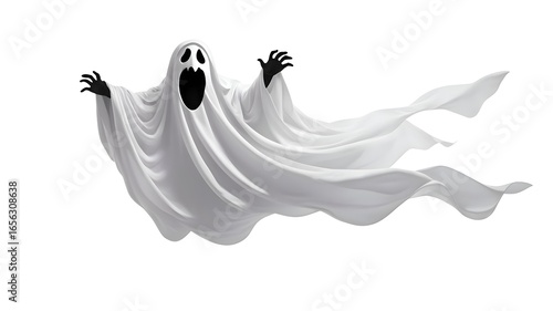 Scary flying Halloween ghost in white sheet spooky spirit illustration haunted character design creepy ghost costume for horror 