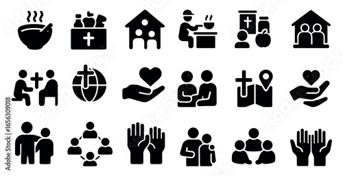 Community and faith solid icons set – filled, charity, social symbols for outreach
