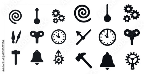 Clockwork and engineering solid icons set – gears, cogs, mechanical symbols