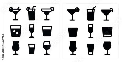 Cocktail and drink silhouette icons set – filled, solid, bar and beverage symbols