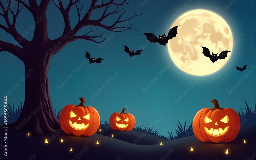 Halloween vertical banners showing smiling pumpkins, bare tree and bats flying in the moonlight. High quality Halloween vertical banners showing smiling pumpkins, bare tree and bats flying in the moonlight. High quality