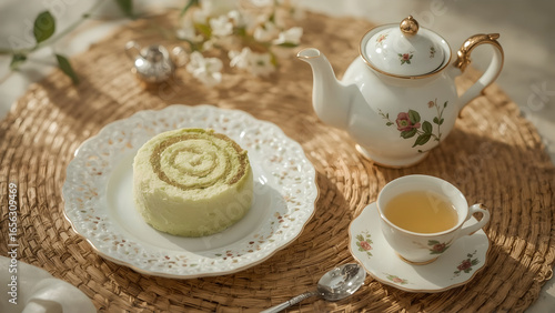 Wallpaper Mural Delicate Matcha Roll Cake and Tea Set on Woven Placemat Torontodigital.ca