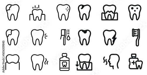 Dental care outline icons set – tooth symbols, oral hygiene, flat art styles