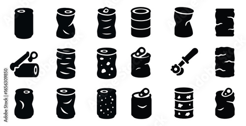 Food cans silhouette icons set – solid, filled, pantry and grocery symbols