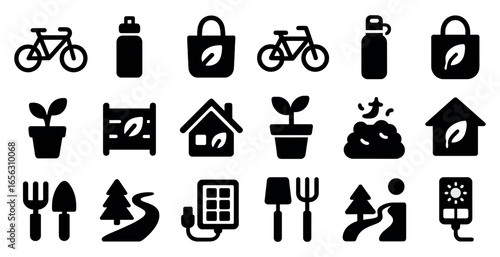 Eco-friendly silhouette icons set – solid, filled, sustainable living symbols