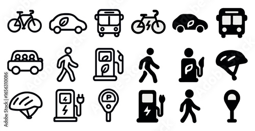 Eco transport icons set – outline, linear, sustainable and green travel symbols