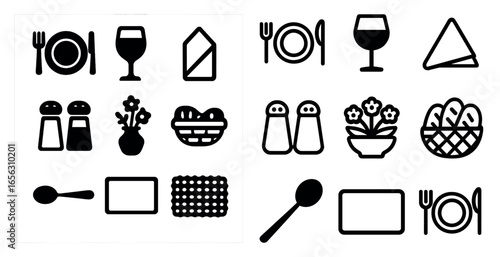 Dining and tableware icons set – solid, filled, kitchen and restaurant symbols