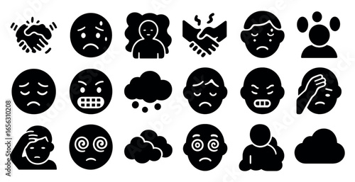 Emotions and communication icons set – solid, filled, expressive and interactive symbols