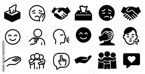Emotions and communication icons set – silhouette, filled, empathy graphics
