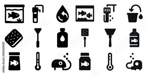 Aquarium and fish care solid icons set – filled, marine life, pet maintenance graphics