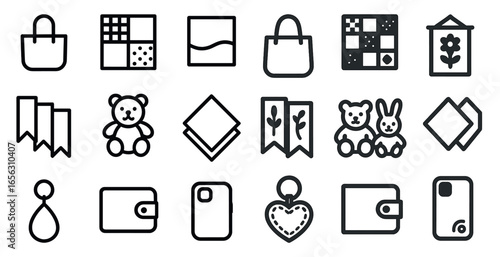 Handicraft and textile outline icons set – flat, silhouette, sewing and knitting symbols