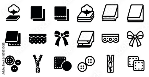 Fashion and sewing solid icons set – filled, crafting, textile design elements