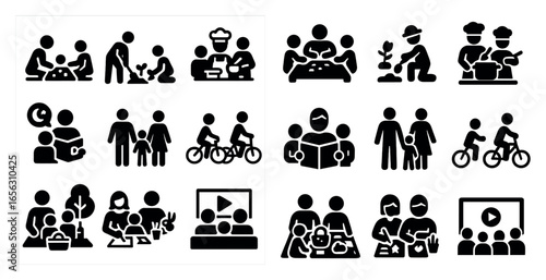 Community engagement solid icons set – silhouette, people, social activities symbols