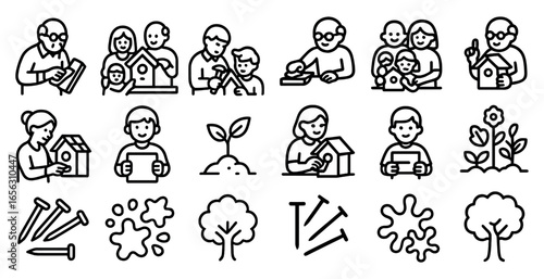 Family activity outline icons set – line, silhouette, home and nature symbols
