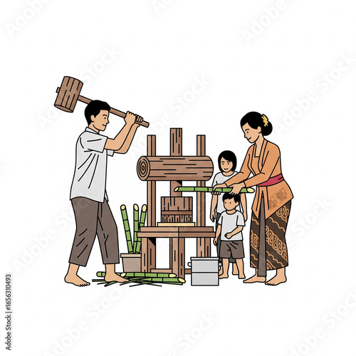  Flat icon illustration of Indonesian rural family pounding sugarcane with wooden press