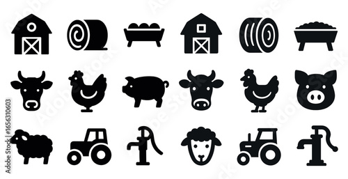 Farm animals solid icons set – silhouette, agriculture, barnyard symbols