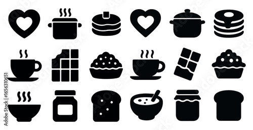 Food and beverage solid icons set – filled, silhouette, cooking and dining symbols