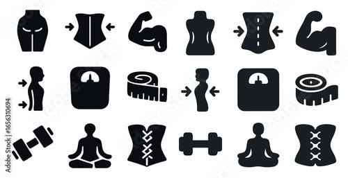 Fitness and health solid icons set – filled, silhouette, gym and wellness symbols