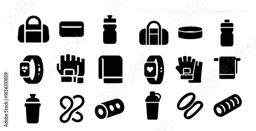 Fitness and gym silhouette icons set – workout, exercise, health symbols