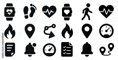 Fitness and activity solid icons set – heart rate, workout, health symbols