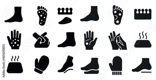 Foot and hand therapy solid icons set – silhouette, filled, spa and wellness symbols