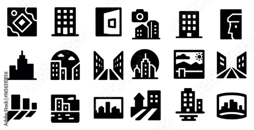 Urban architecture solid icons set – cityscape, building, skyline visuals