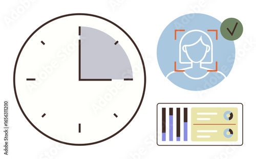 Large clock highlights time tracking. Face recognition icon ensures identity verification. Data analysis with bar charts and pie graphs reinforces efficiency. Ideal for productivity, software