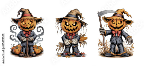 Cartoon creepy Halloween pumpkin head scarecrow illustration set