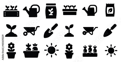 Gardening and plant care silhouette icons set – filled, solid, horticulture elements