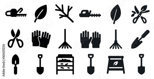 Gardening tools solid icons set – filled, outline, horticulture and landscaping symbols