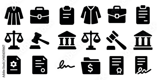 Law and order solid icons set – filled, legal, justice symbols