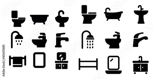 Bathroom fixtures solid icons set – silhouette, filled, plumbing and decor symbols